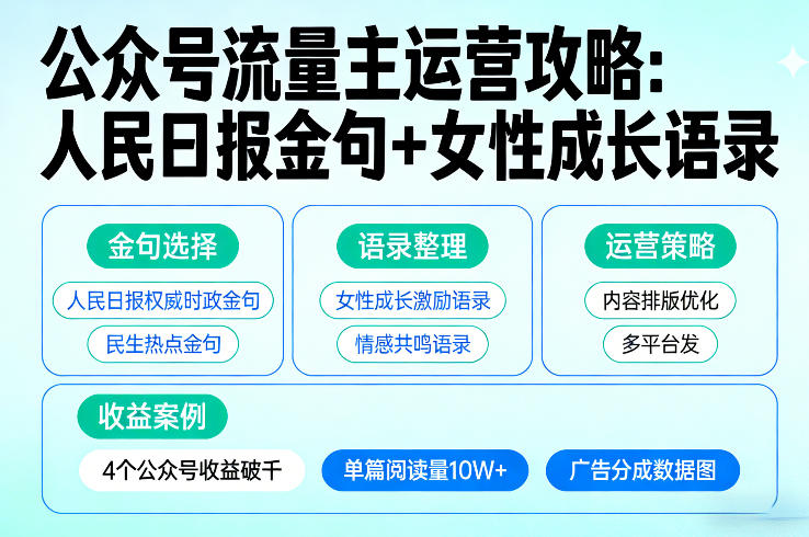 利用人民日报金句+女性成长语录做公众号流量主，4个公众号收益破千-研习库