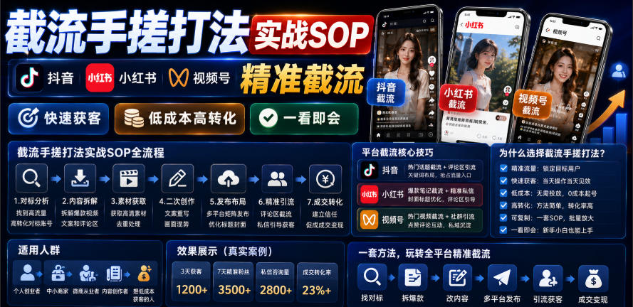 截流手搓打法实战SOP,抖音小红书视频号精准截流,快速获客,低成本高转化,一看即会-研习库