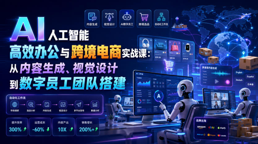 AI人工智能高效办公与跨境电商实战课:从内容生成、视觉设计到数字员工团队搭建-研习库