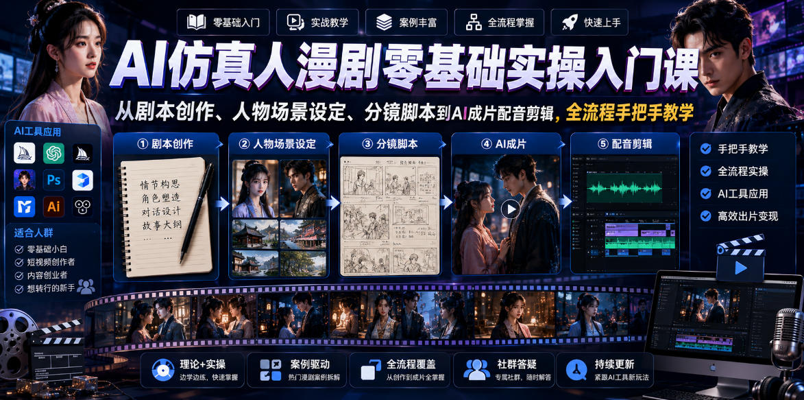 AI仿真人漫剧零基础实操入门课，从剧本创作、人物场景设定、分镜脚本到AI成片配音剪辑，全流程手把手教学-研习库