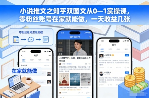 小说推文之知乎双图文从0—1实操课,零粉丝账号在家就能做,一天收益几张-研习库