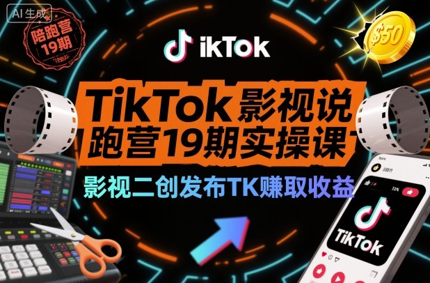 TikTok影视解说陪跑营19期实操课，影视二创发布TK賺取收益，万播收益50美金（更新）-研习库