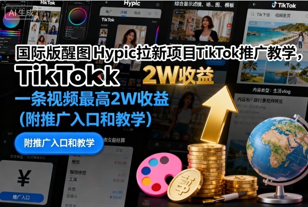 国际版醒图Hypic拉新项目TikTok推广教学,一条视频最高2W收益(附推广入口和教学)-研习库