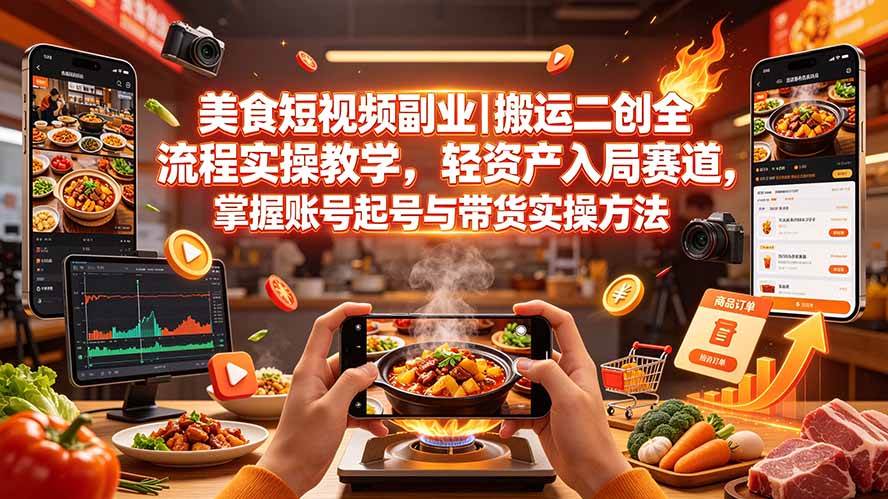 （19535期）美食短视频副业｜搬运二创全流程实操教学，轻资产入局赛道，掌握账号起号与带货实操方法-研习库