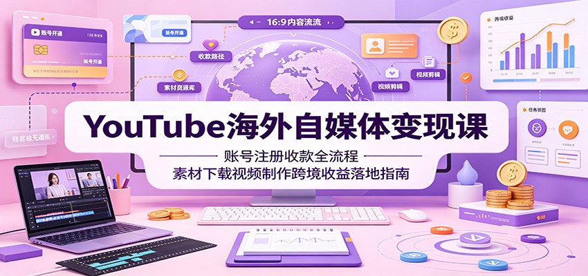 YouTube海外自媒体变现课:账号注册收款全流程,素材下载视频制作跨境收益落地指南-研习库