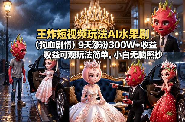 王炸短视频玩法AI水果剧（狗血剧情）9天涨粉300W+收益可观玩法简单，小白无脑照抄，详细拆解玩法-研习库