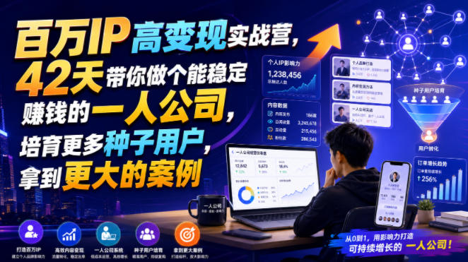 百万IP高变现实战营，42天带你做个能稳定賺钱的一人公司，培育更多种子用户，拿到更大的案例-研习库