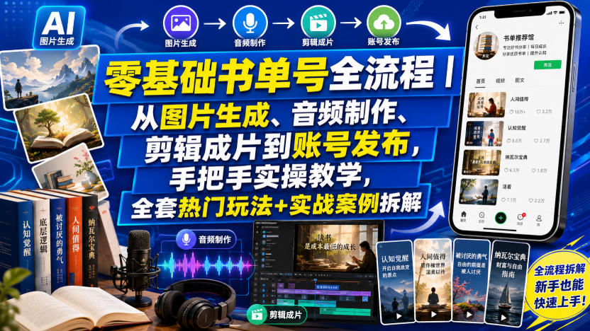 零基础书单号全流程｜从图片生成、音频制作、剪辑成片到账号发布，手把手实操教学，全套热门玩法+实战案例拆解-研习库