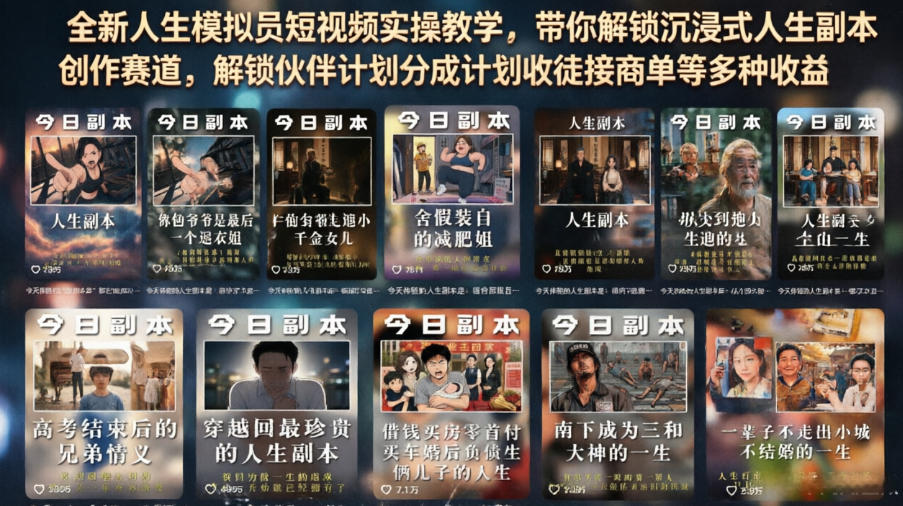 全新人生模拟员短视频实操教学，带你解锁沉浸式人生副本创作赛道，解锁伙伴计划分成计划收徒接商单等多种收益-研习库