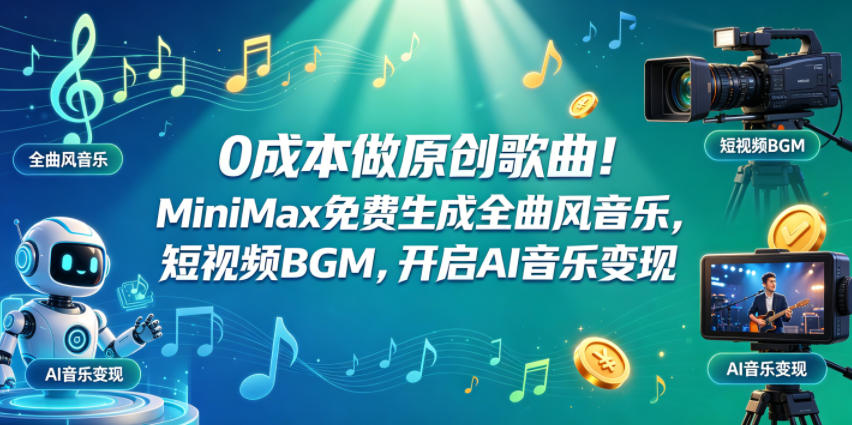 0成本做原创歌曲！MiniMax免费生成全曲风音乐，短视频BGM，开启AI音乐变现-研习库