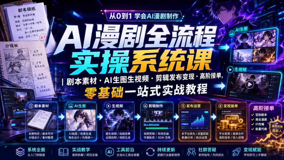 AI漫剧全流程实操系统课|剧本素材・AI生图生视频・剪辑发布变现・高阶接单,零基础一站式实战教程-研习库
