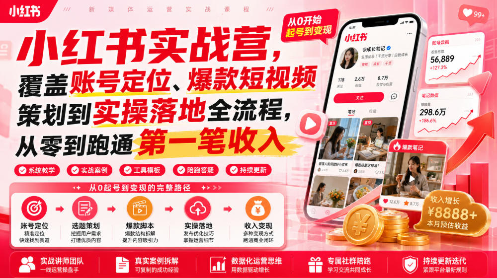 小红书实战营,覆盖账号定位、爆款短视频策划到实操落地全流程,从零到跑通第一笔收入-研习库