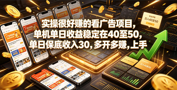 实操很好賺的看广告项目，单机单日收益稳定在40至50，单日保底收入30，多开多賺，上手就能变现【揭秘】-研习库