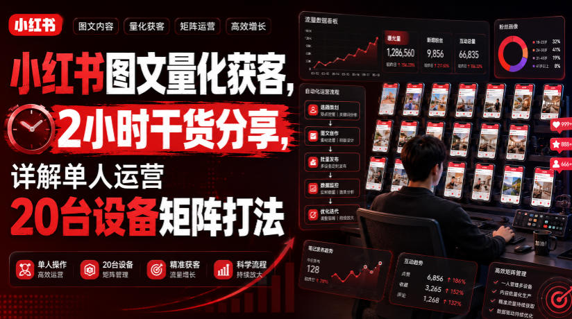 小红书图文量化获客，2小时干货分享，详解单人运营20台设备矩阵打法-研习库