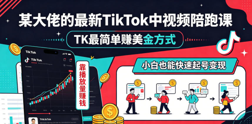 某大佬的最新TikTok中视频陪跑课，TK最简单賺美金方式，靠播放量賺钱，小白也能快速起号变现-研习库