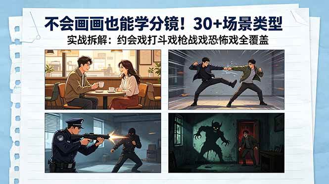 （18591期）不会画画也能学分镜！30+场景类型实战拆解：约会戏打斗戏枪战戏恐怖戏全覆盖-研习库