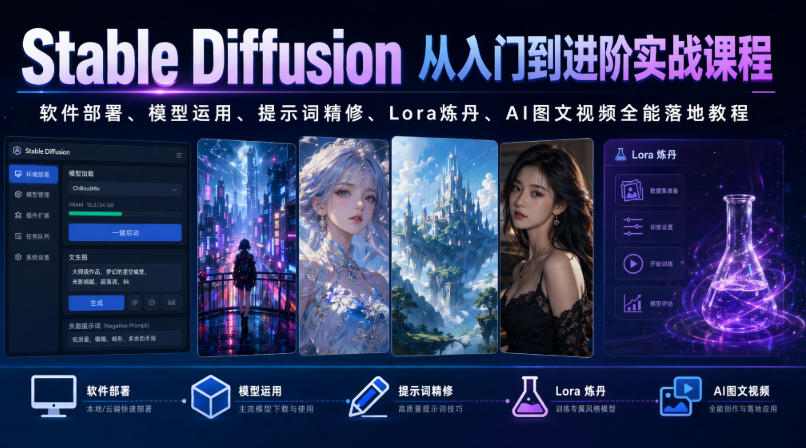 Stable Diffusion从入门到进阶实战课程｜软件部署、模型运用、提示词精修、Lora炼丹、AI图文视频全能落地教程-研习库