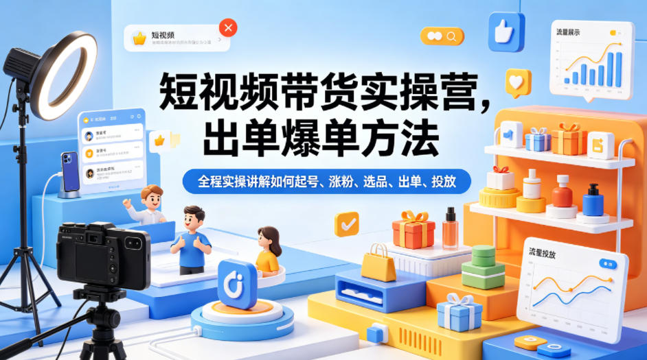 短视频带货实操营，出单爆单方法，全程实操讲解如何起号、涨粉、选品、出单、投放-研习库