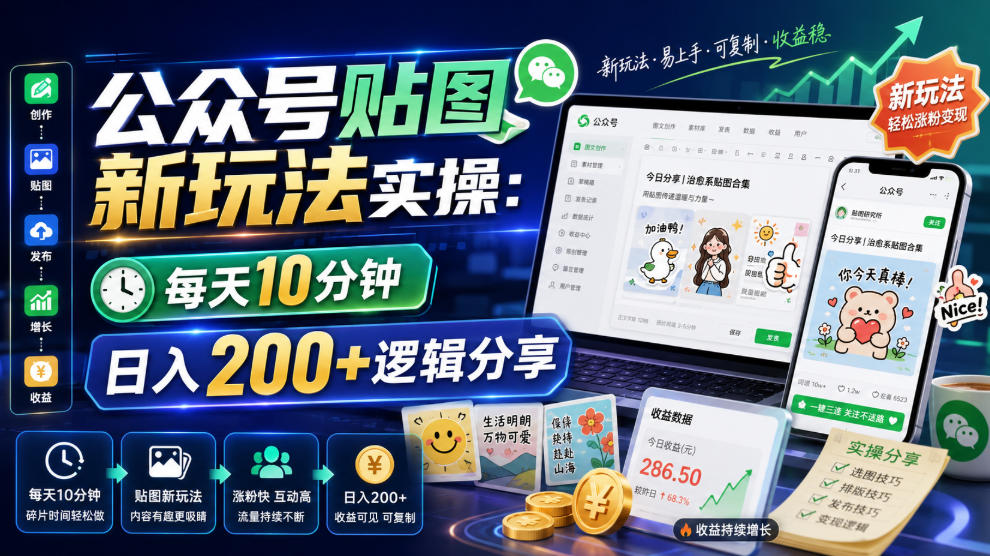 公众号贴图新玩法实操,每天10分钟,日入200+逻辑分享-研习库