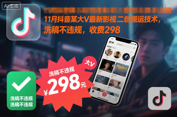 11月抖音某大V最新影视二创搬运技术,洗稿不违规,收费298-研习库