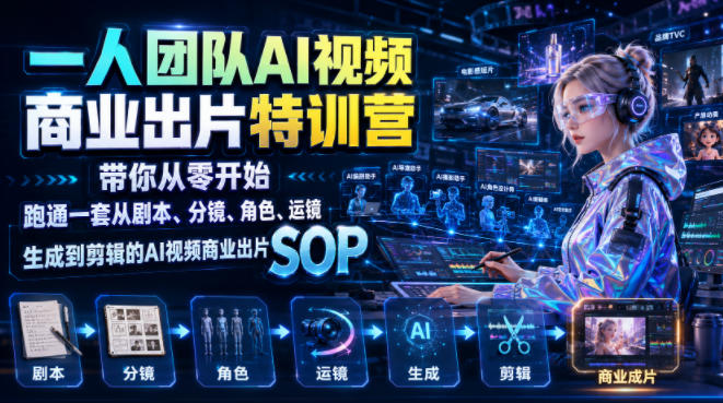 一人团队AI视频商业出片实战课:带你从零开始跑通一套从剧本、分镜、角色、运镜、生成到剪辑的AI视频商业出片SOP-研习库