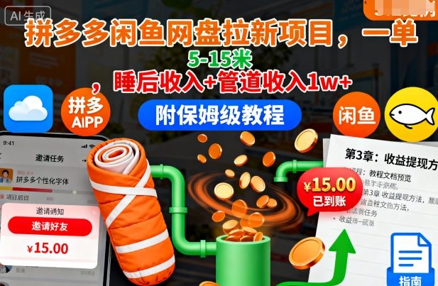 拼多多闲鱼网盘拉新项目,一单5-15米,睡后收入+管道收入1w+(附保姆级教程)-研习库