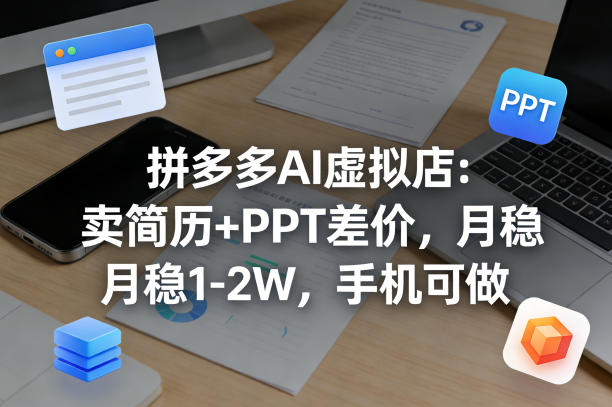 【暴力项目】拼多多AI虚拟店：卖简历+PPT差价，月稳1-2W，手机可做-研习库