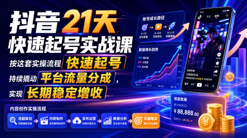 抖音21天快速起号实战课,按这套实操流程快速起号,持续撬动平台流量分成,实现长期稳定增收-研习库