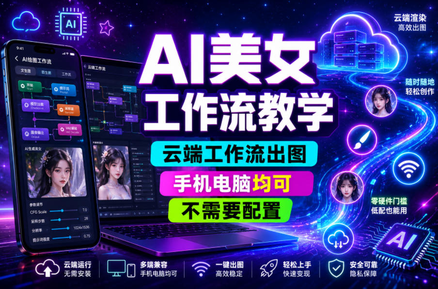 AI美女工作流教学,云端工作流出图,手机电脑均可,不需要配置,快速起号涨粉-研习库