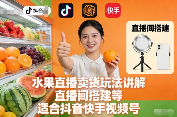 水果直播卖货玩法讲解、直播间搭建等,适合抖音快手视频号-研习库