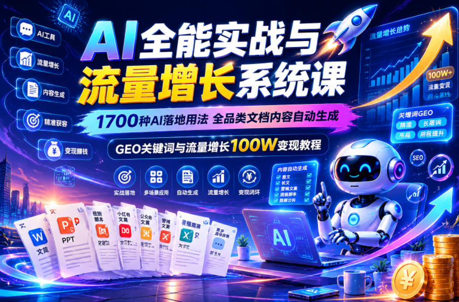 AI全能实战与流量增长系统课,1700种AI落地用法,全品类文档内容自动生成,GEO关键词与流量增长100W变现教程-研习库