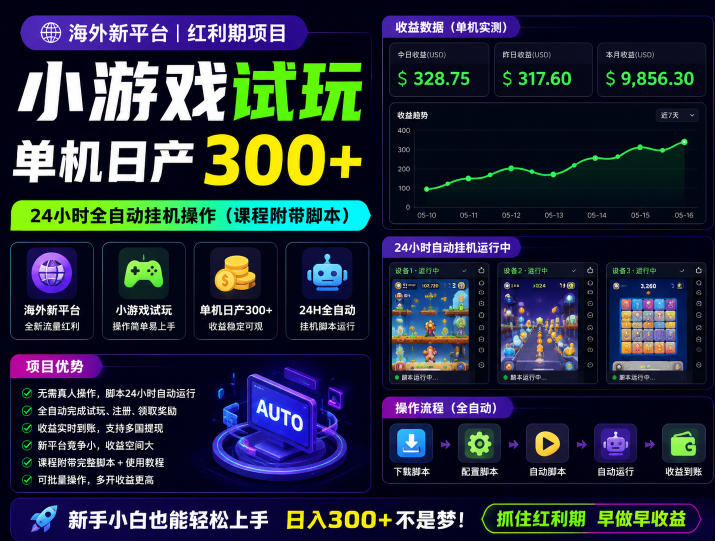 海外新平台，小游戏试玩，单机日产300+，24小时全自动挂G操作（课程附带脚本）【揭秘】-研习库