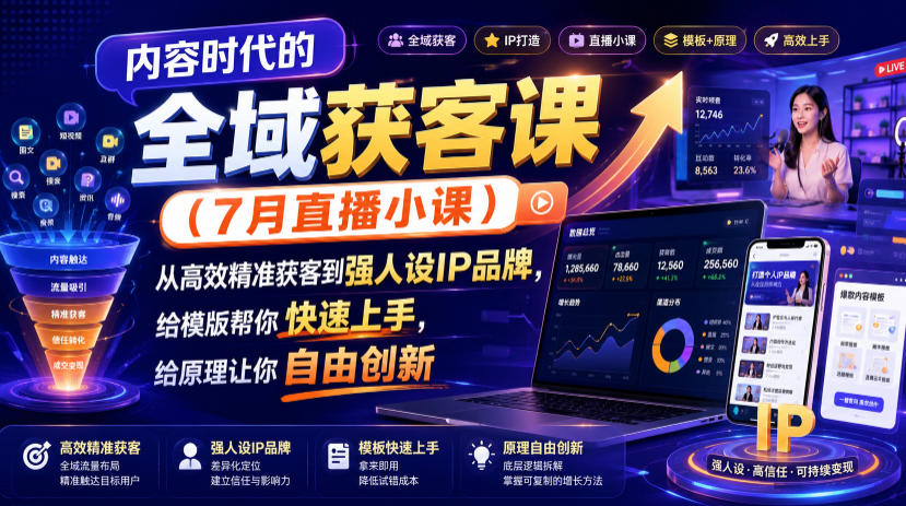 内容时代的全域获客课(7月直播小课),从高效精准获客到强人设IP品牌,给模版帮你快速上手,给原理让你自由创新-研习库