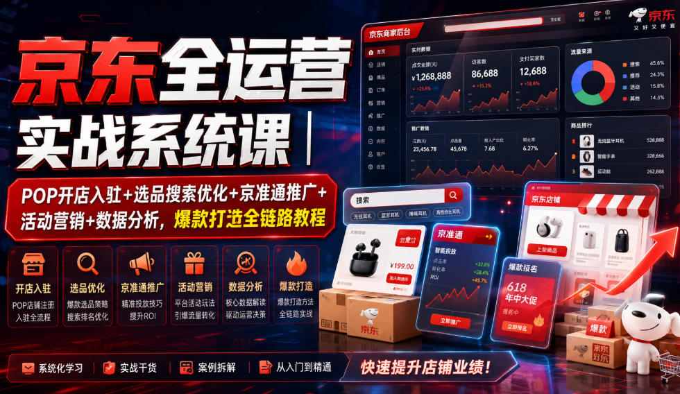 京东全运营实战系统课｜POP开店入驻+选品搜索优化+京准通推广+活动营销+数据分析，爆款打造全链路教程-研习库