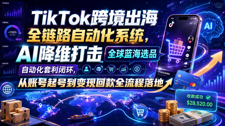 TikTok跨境出海全链路自动化系统,AI降维打击全球蓝海选品自动化套利闭环,从账号起号到变现回款全流程落地(2026年7月)-研习库