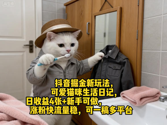 抖音掘金新玩法，可爱猫咪生活日记，日收益4张+新手可做，涨粉快流量稳，可一稿多平台-研习库