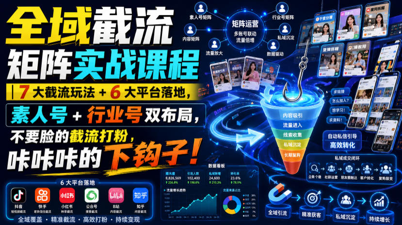 全域截流矩阵实战课程|7大截流玩法+6大平台落地,素人号+行业号双布局,不要脸的截流打粉,咔咔咔的下钩子!-研习库