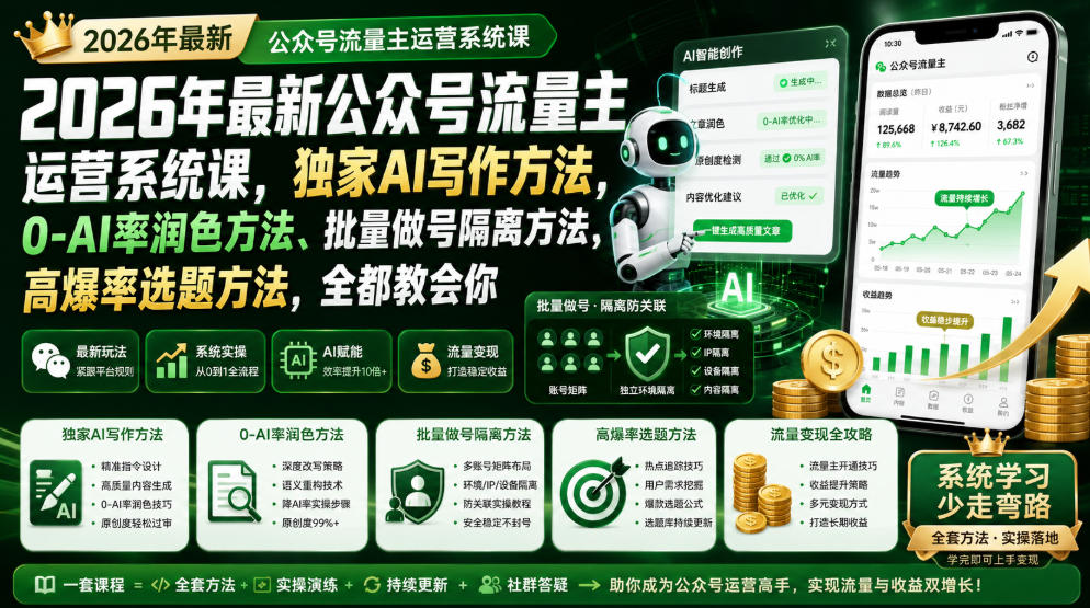 2026年最新公众号流量主运营系统课,独家AI写作方法,0-AI率润色方法、批量做号隔离方法、高爆率选题方法,全都教会你-研习库