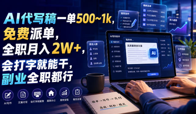 AI代写稿一单500~1k,免费派单,全职月入2W+,会打字就能干,副业全职都行【揭秘】-研习库
