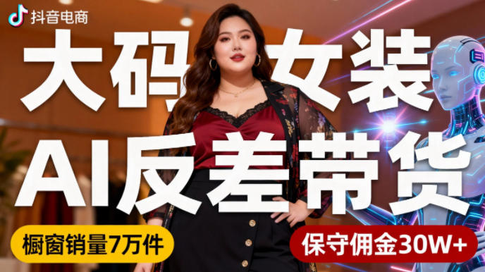 抖音小众赛道,大码女装AI反差带货,不用直播,每天6条作品,橱窗卖7万件,保守佣金30W+-研习库