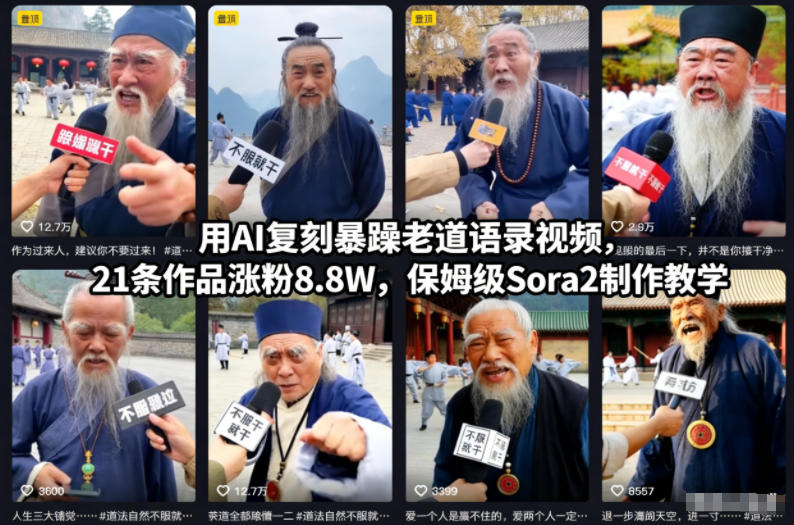 用AI复刻暴躁老道语录视频,21条作品涨粉8.8W,保姆级Sora2制作教学-研习库