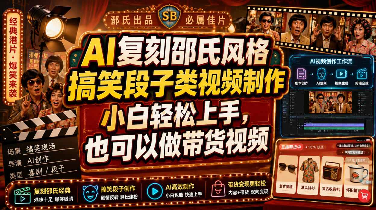 AI复刻邵氏风格搞笑段子类视频制作，小白轻松上手，也可以做带货视频-研习库