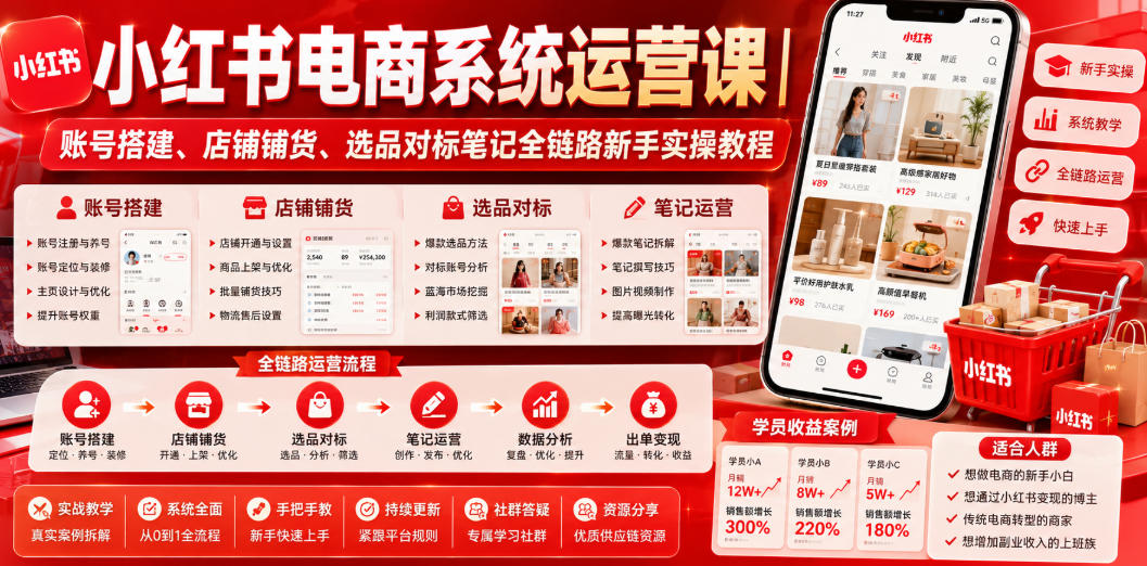 小红书电商系统运营课|账号搭建、店铺铺货、选品对标笔记全链路新手实操教程-研习库