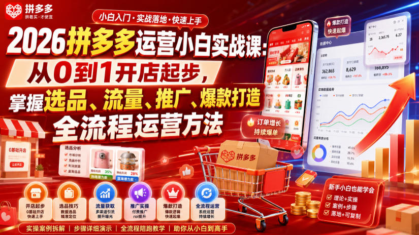 2026拼多多运营小白实战课:从0到1开店起步,掌握选品、流量、推广、爆款打造全流程运营方法-研习库