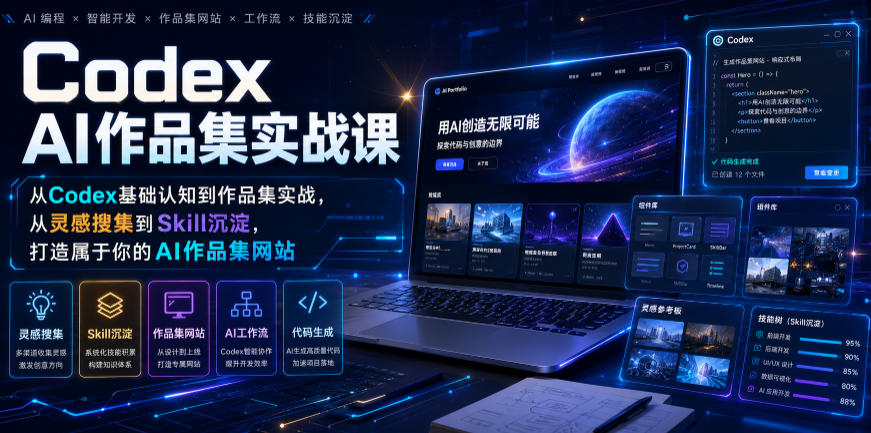 Codex AI作品集实战课,从Codex基础认知到作品集实战,从灵感搜集到Skill沉淀,打造属于你的AI作品集网站-研习库