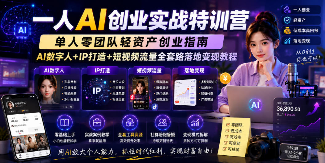 一人AI创业实战特训营,单人零团队轻资产创业指南,AI数字人+IP打造+短视频流量全套路落地变现教程-研习库