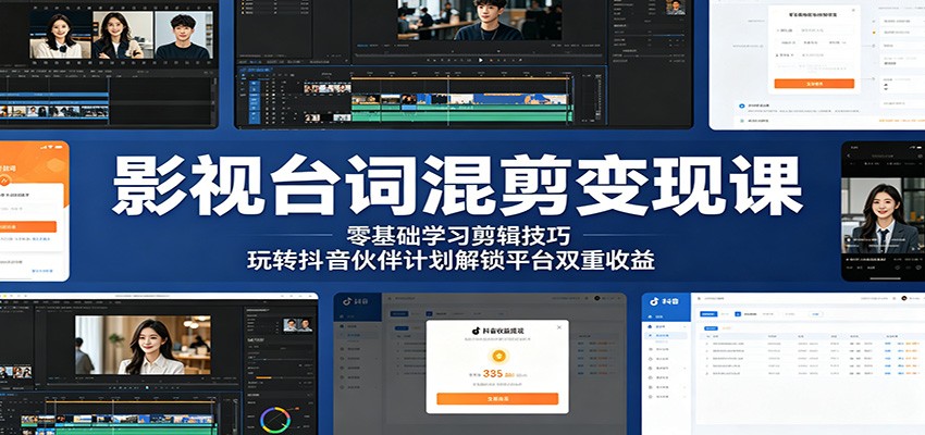 影视台词混剪变现课：零基础学习剪辑技巧，玩转抖音伙伴计划解锁平台双重收益-研习库