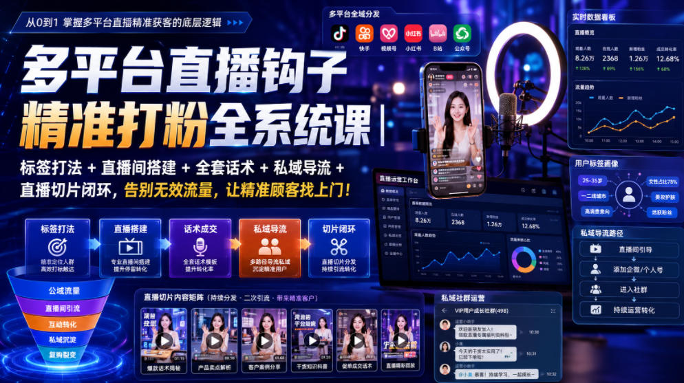 多平台直播钩子精准打粉全系统课|标签打法+直播间搭建+全套话术+私域导流+直播切片闭环,告别无效流量,让精准顾客找上门!-研习库