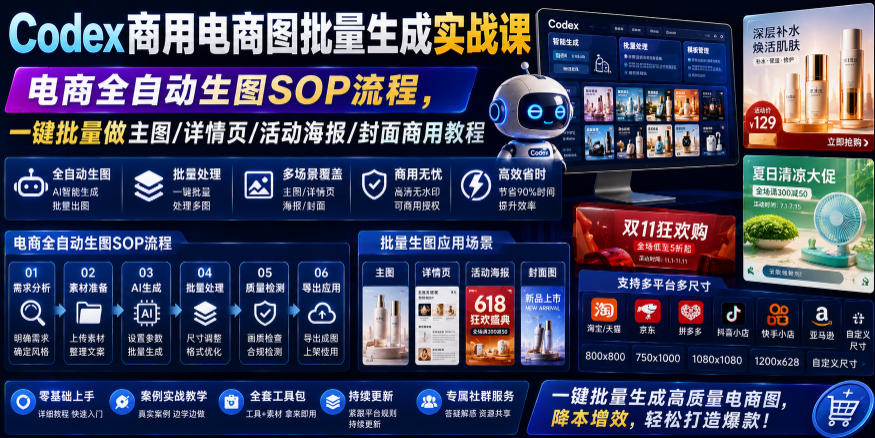 Codex商用电商图批量生成实战课|电商全自动生图SOP流程,一键批量做主图/详情页/活动海报/封面商用教程-研习库
