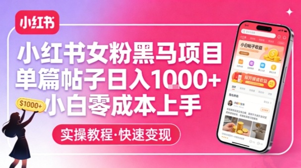 小红书女粉黑马项目，单篇帖子日入1k+，小白零成本上手-研习库